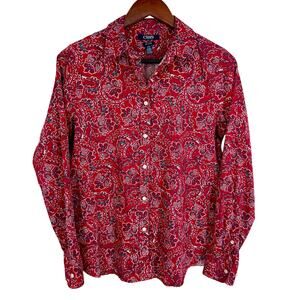 Ralph Lauren Chaps Womens Sz Medium No Iron Red Blouse Button Shirt Top Winter